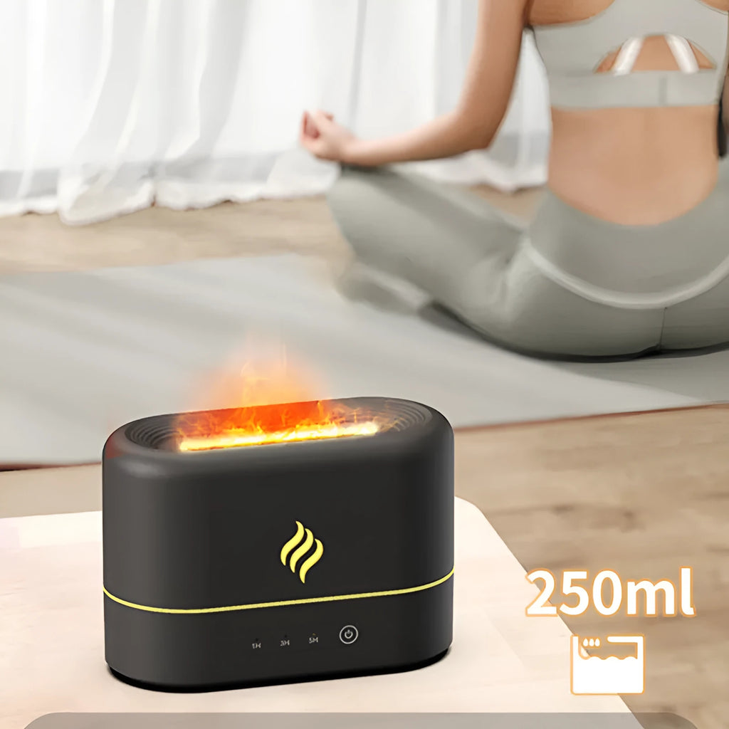 USB-powered aroma humidifier with seven-colour simulated flame effect showing black plastic finish