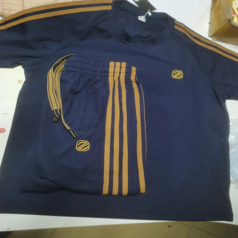 Men's ice silk style tracksuit set with short sleeve top and trousers in blue colour