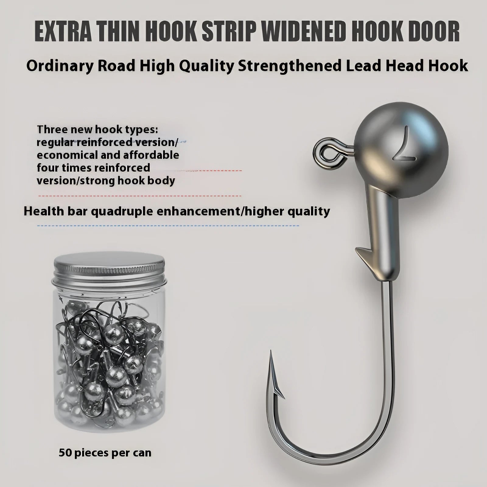 Set of 50 steel jig hooks with four-times strengthened construction and primary colour finish