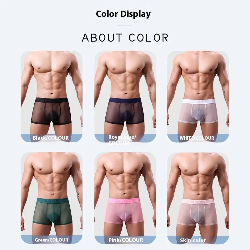 Men's thin polyester boxer shorts in six solid colours on a white background.