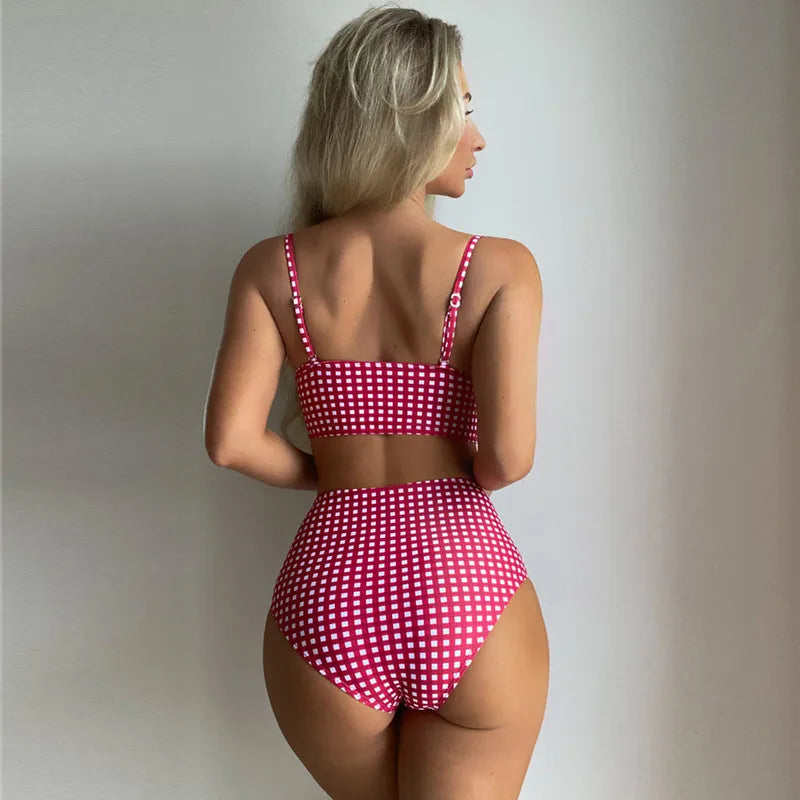 Women's plaid high waist bikini swimsuit in rose red, shown as a two-piece set.