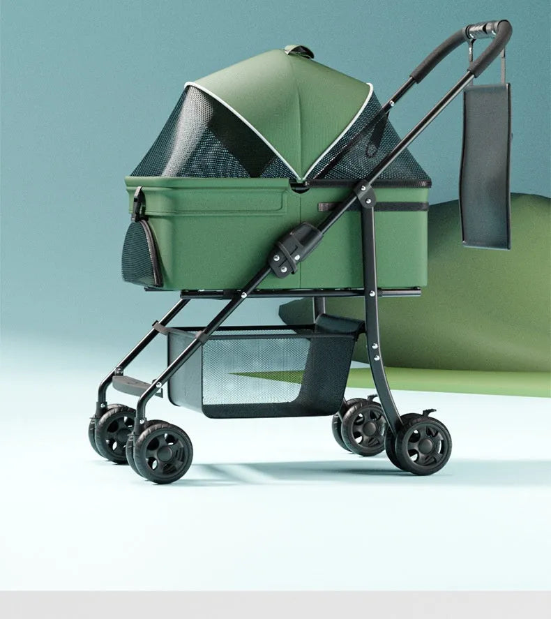 Black one-click folding metal pet cart in Black Warrior basic style, shown with detachable components.