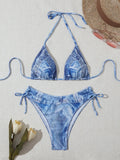 Women's denim blue printed bikini swimsuit with sexy strap design