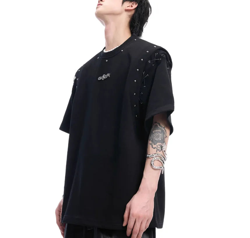 Black short sleeve T-shirt with a lace-up cutout detail on the front.