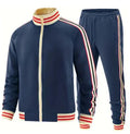 Mens khaki coloured polyester turtleneck zip cardigan and trousers casual suit set