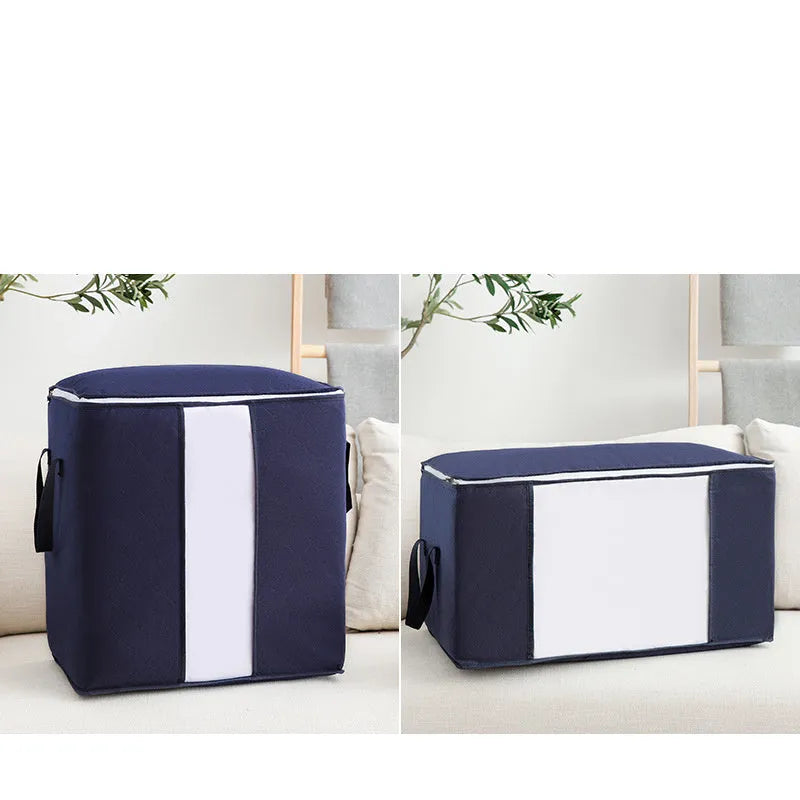 Non-woven handbag-style storage organiser for quilts and clothes in a beige colour.