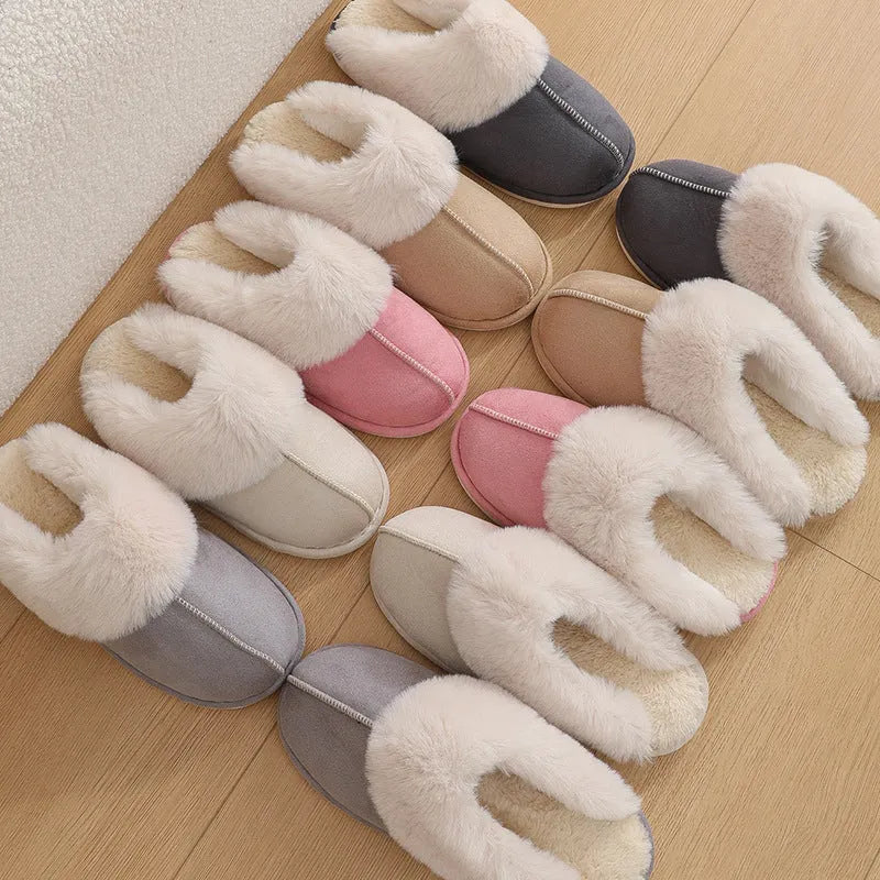 Women's winter plush slippers with artificial wool lining and non-slip PVC soles in various colours
