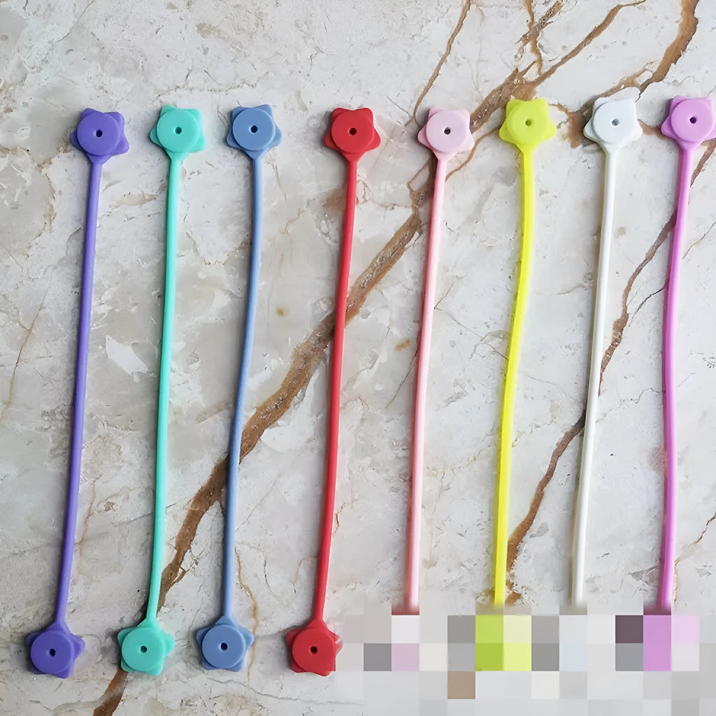 Silicone magnet wire winder organiser for cables in various colours showing 19x16mm dimensions