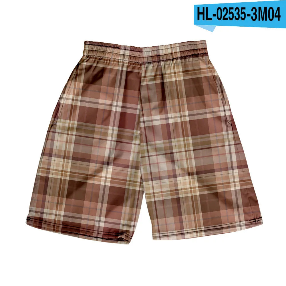 Men's straight cut plaid shorts in polyester fabric with elastic waistband