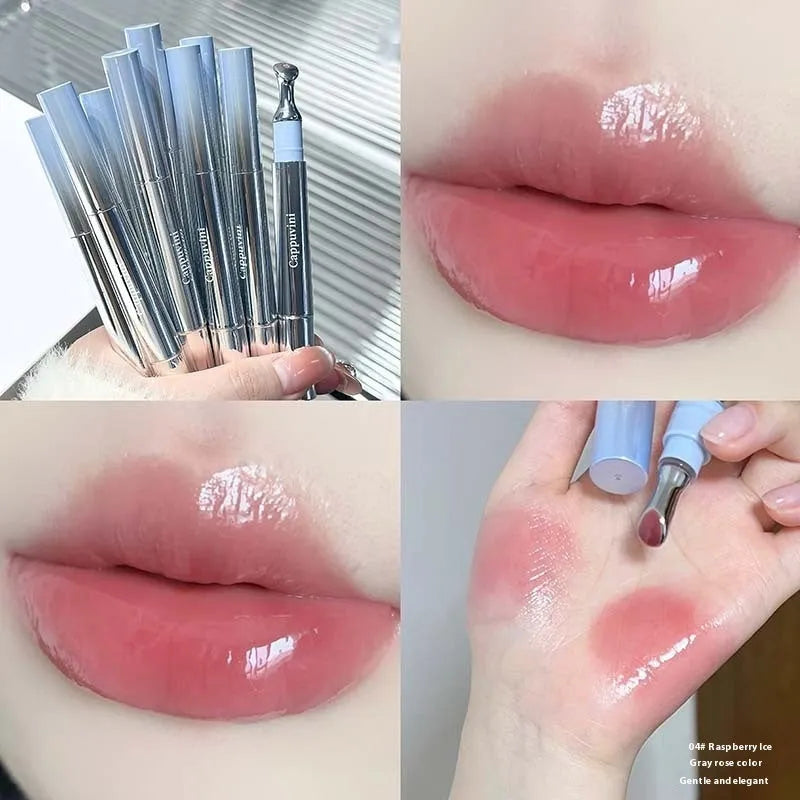 Mirror water light lip gloss lipstick showing six translucent shades in compact case.