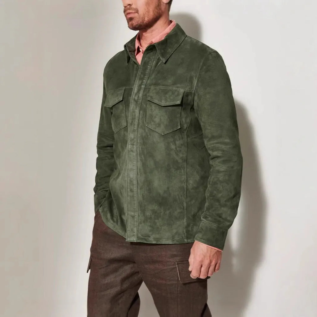 Noah suede shirt jacket for men in brown, front view, polyester fibre regular length