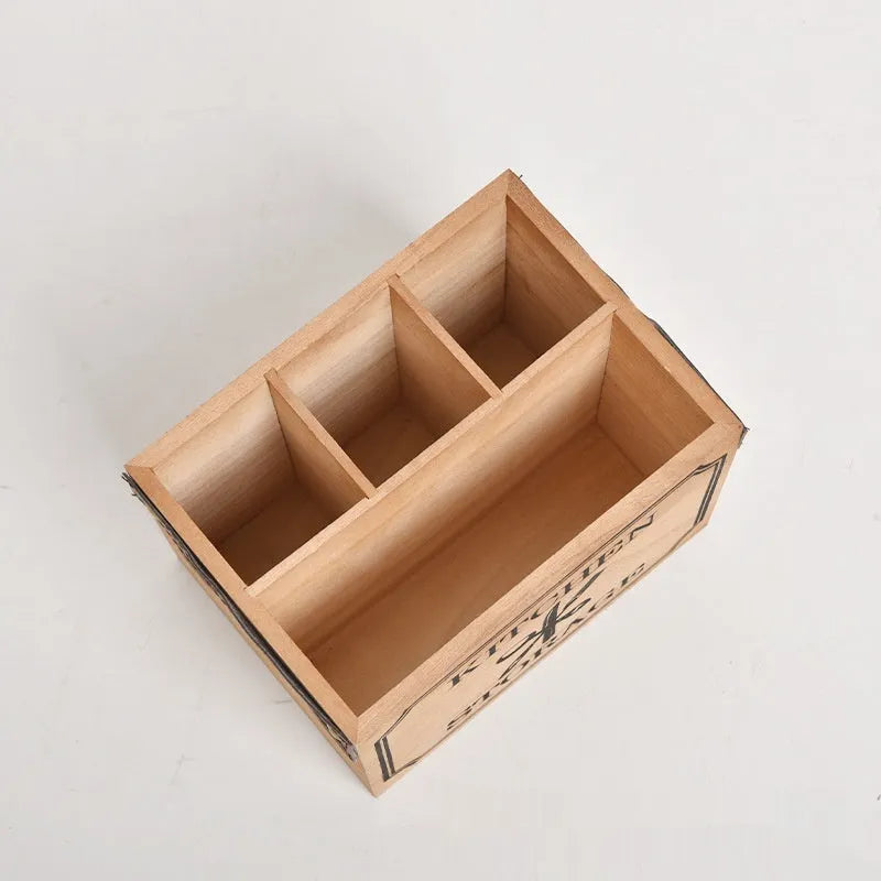Wooden kitchen storage box with grid divider for knives forks and chopsticks