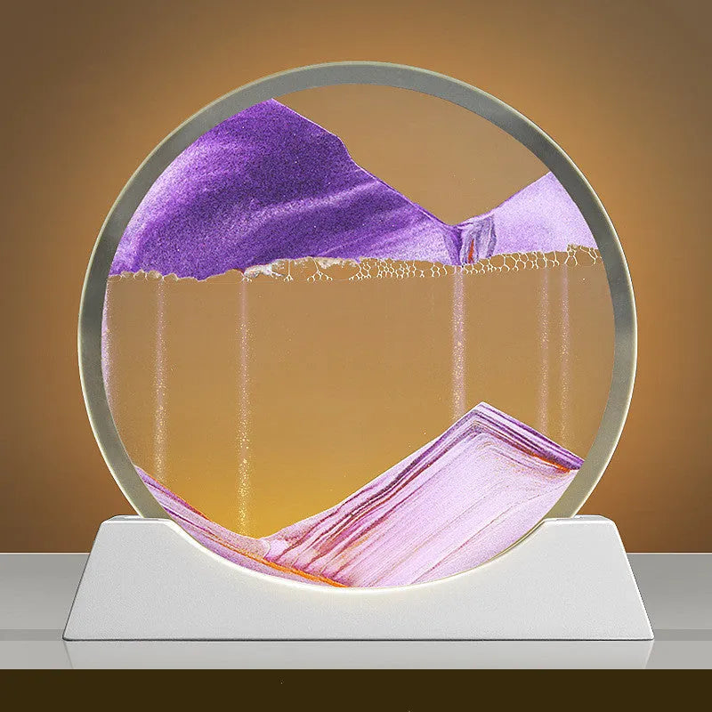 Rotating quicksand painting inside a modern 12-inch glass night lamp on a desktop