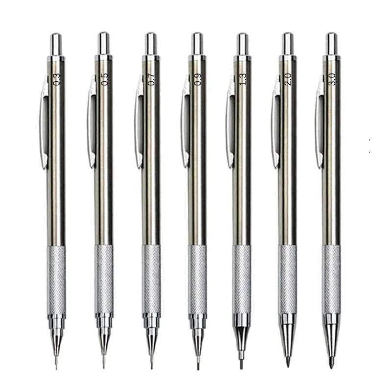 Metal automatic mechanical pencil showing barrel detail and lead size options from 0.5mm to 2.0mm