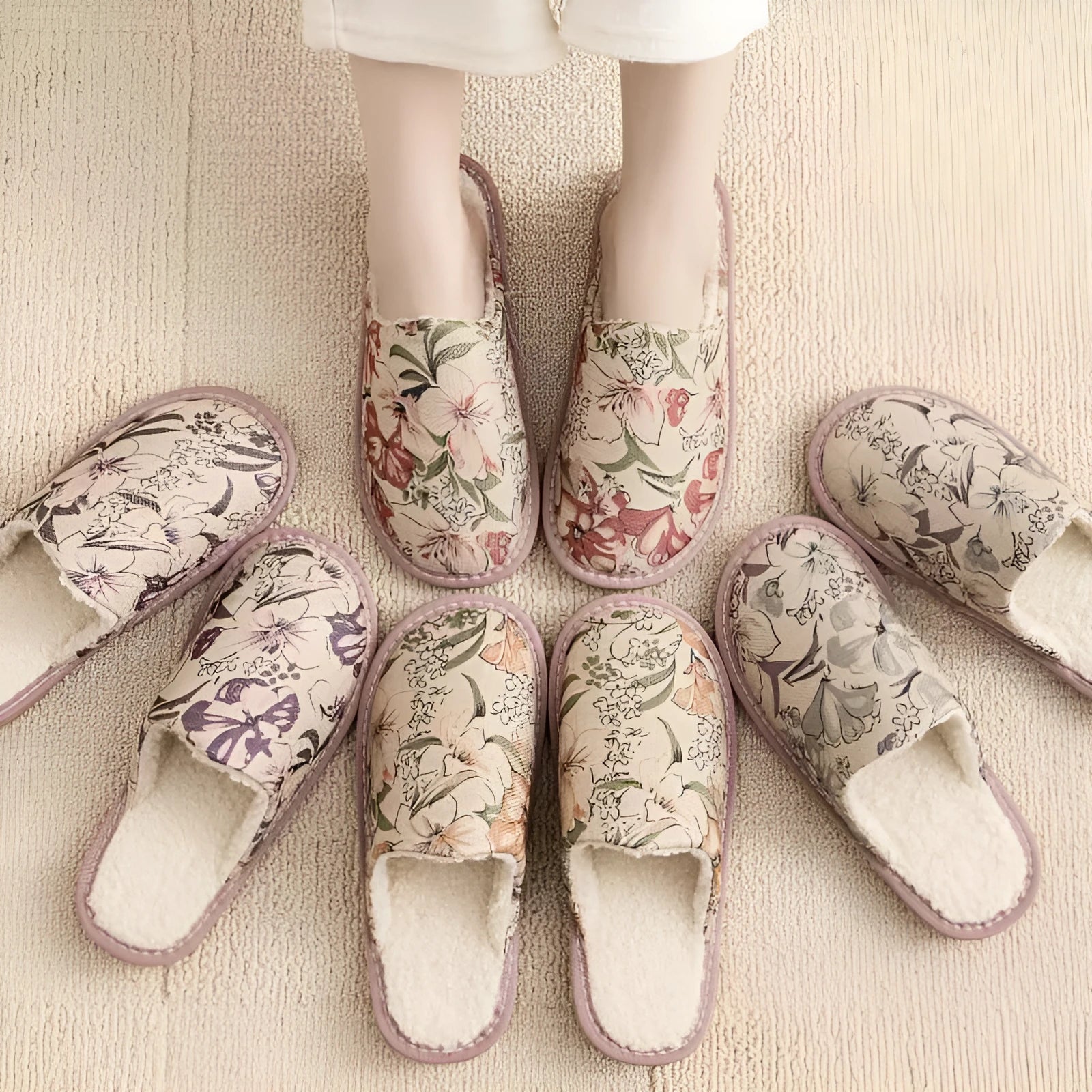 A pair of linen surface cotton lined slippers with a PVC sole, shown in a floral print colour option.