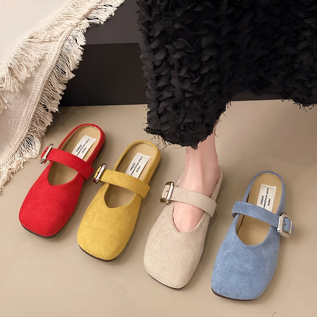 Women's flat closed toe half slippers with square toe in apricot, blue, red, and yellow colours.