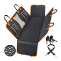 Black and orange waterproof pet car seat cover with mesh window and accessory pocket