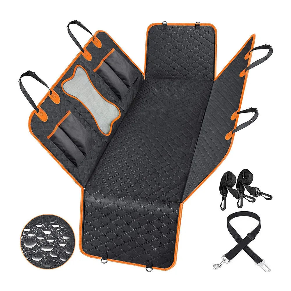 Black and orange waterproof pet car seat cover with mesh window and accessory pocket