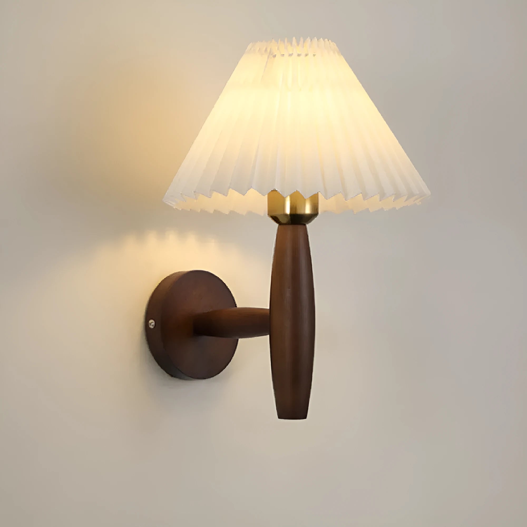 American retro style wall lamp with fabric shade and wooden frame in bedside setting