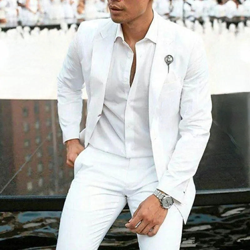 White slim fit two-piece men's cotton suit for wedding groomsmen, available in sizes XS to 5XL