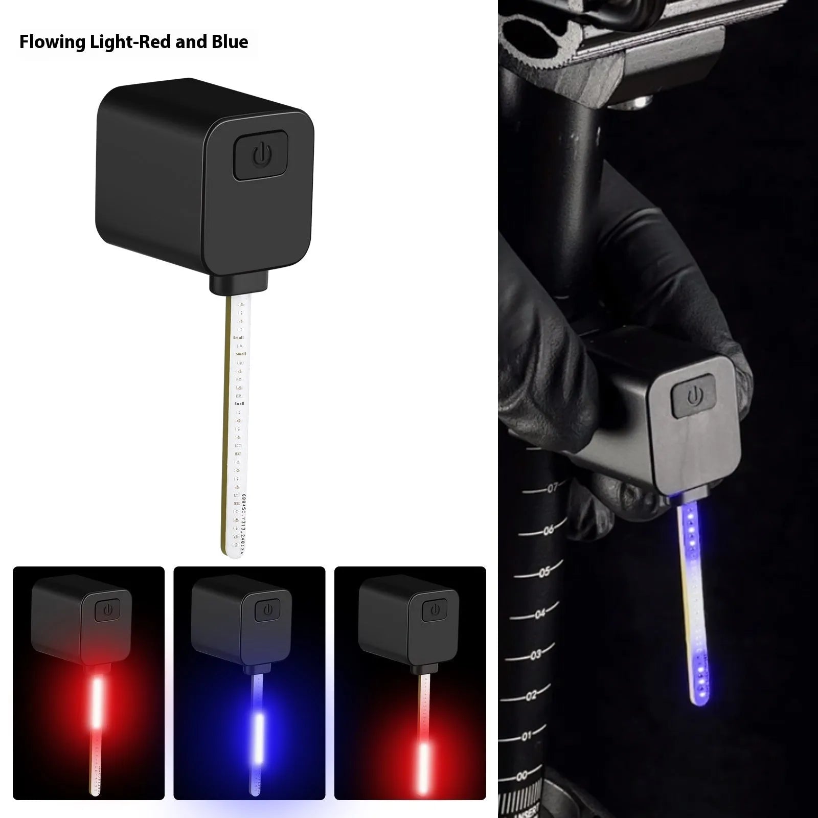 Plug-in bicycle safety taillight with running water LED flashing sequence mounted on a bike seat tube.