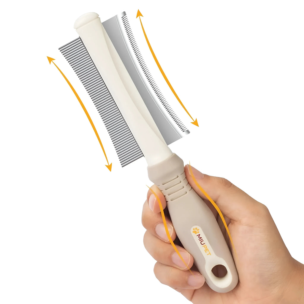 White double-sided dog and cat deshedding brush with curved comb and ergonomic anti-slip handle