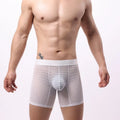 Men's lace mesh boxer shorts in black on a white background