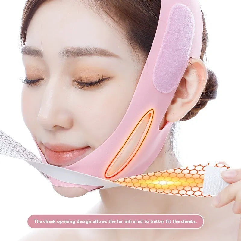 Pink and black elastic V-shaped face bandage for facial contouring, shown with full English box packaging.