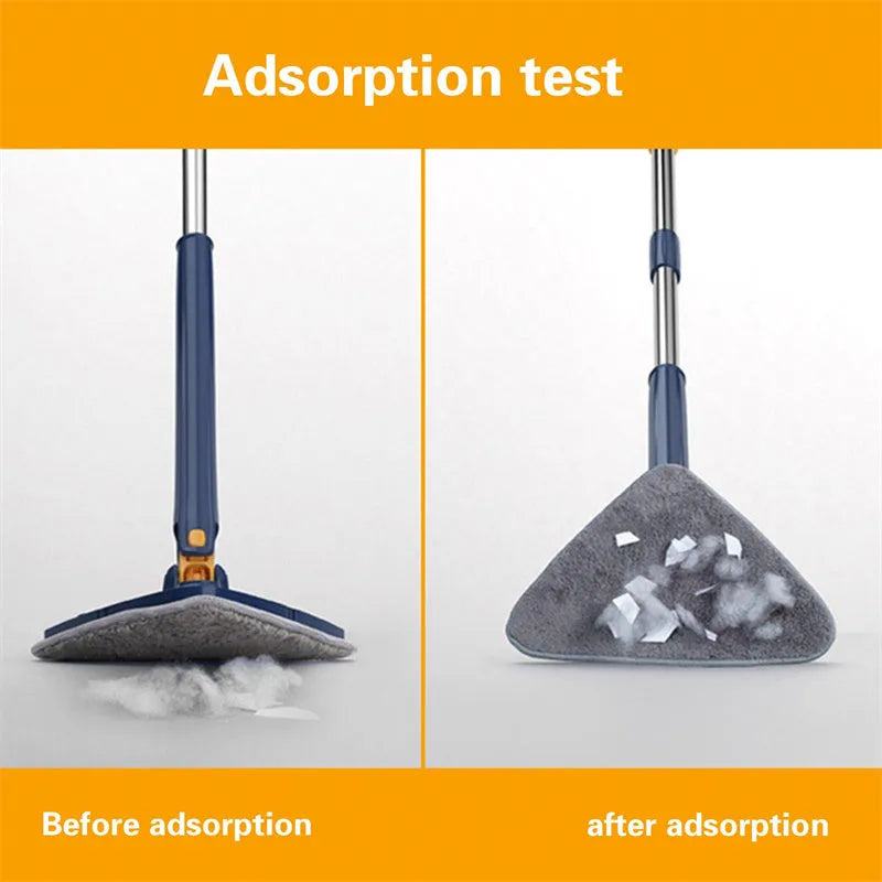 Extendable blue triangle mop with rotating head and long stainless steel pole for cleaning floors and walls.