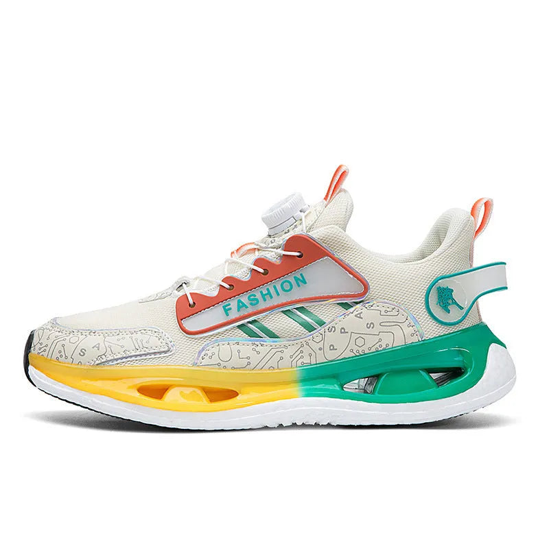 Men's low-top mesh running shoes in beige orange, black, or white gray with elastic band and Popcorn TPU sole.