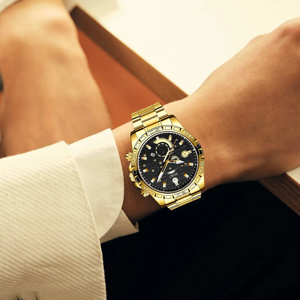 Men's gold business quartz watch with stainless steel strap showing 10mm thickness and single folding buckle