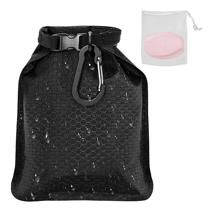 Green bubble net soap container bag with waterproof leak-proof material, shown open with a bar of soap inside.