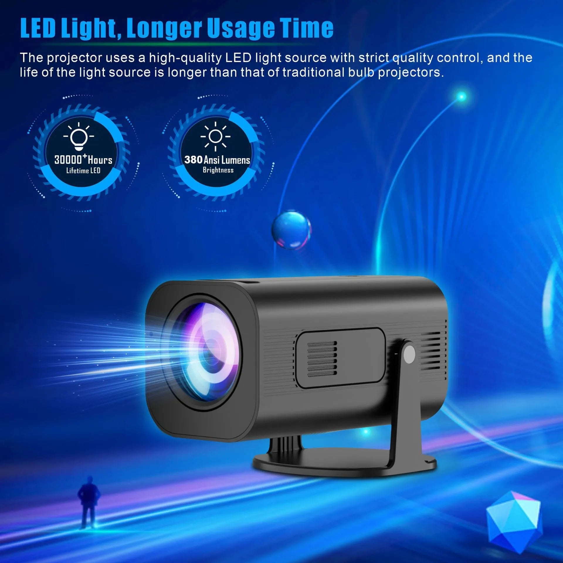 Black or white portable mini projector with remote control and power cord on plain background