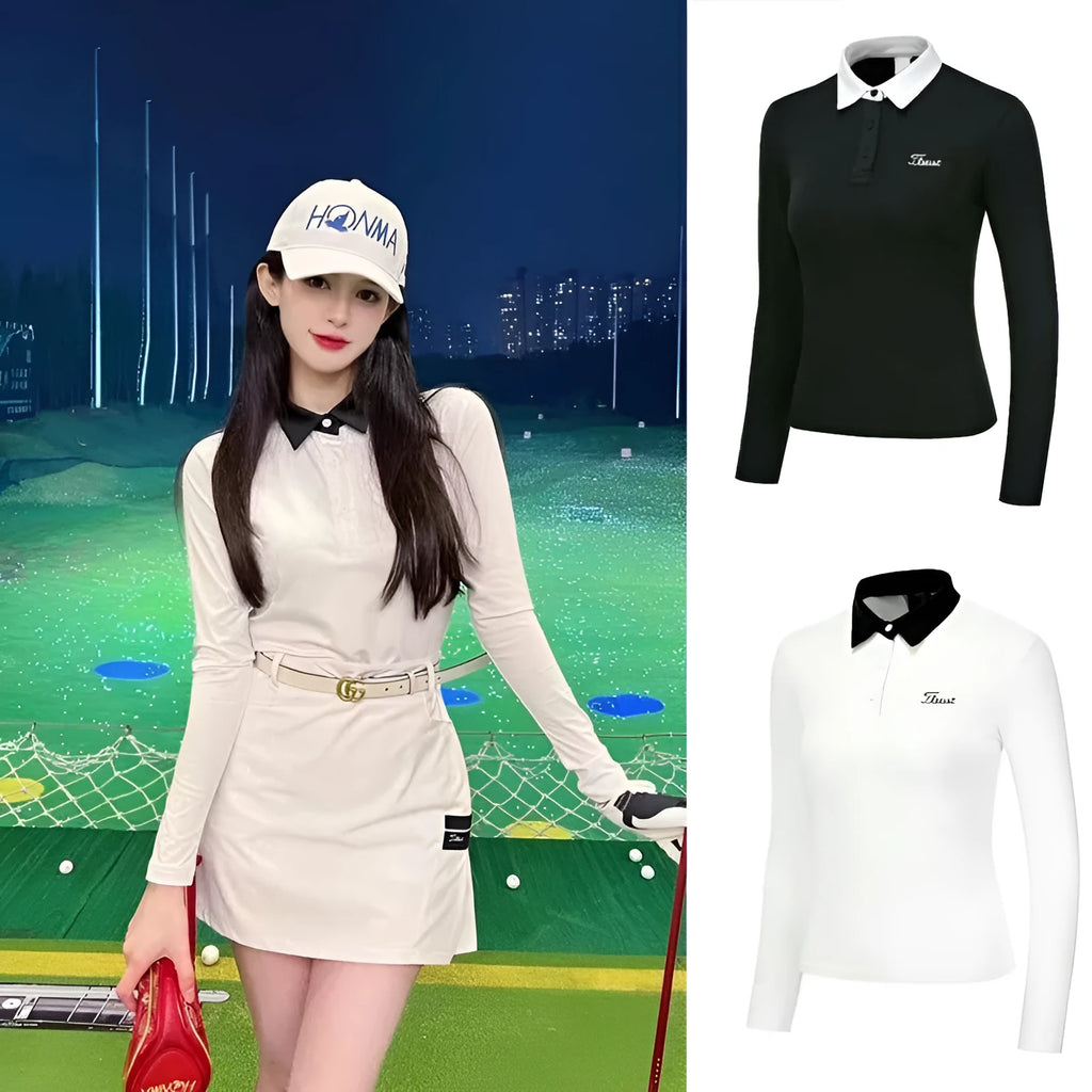 Women's slim fit long sleeve polyester golf top in white or black colour