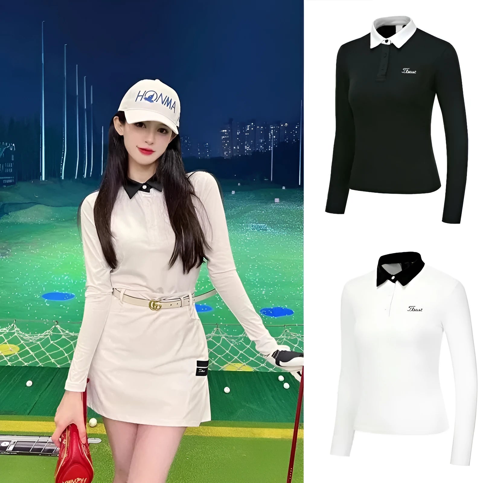 Women's slim fit long sleeve polyester golf top in white or black colour