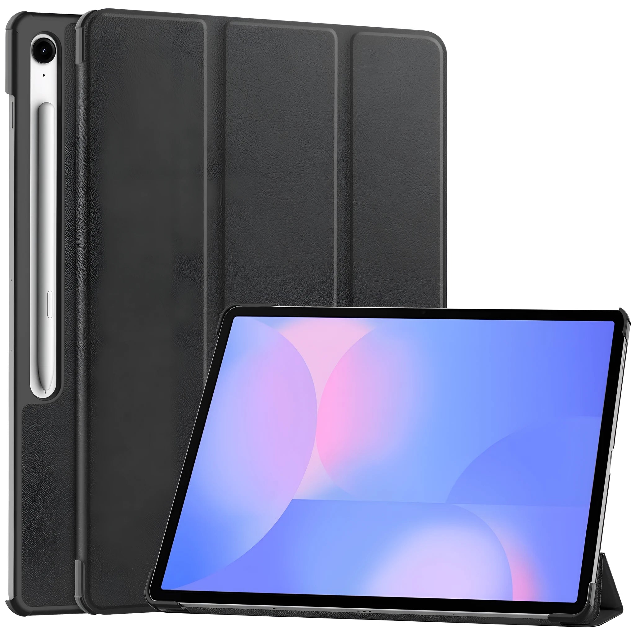 Samsung Tab S10 FE Plus 13.1-inch leather tri-fold stand case in black colour, showing front and back views.