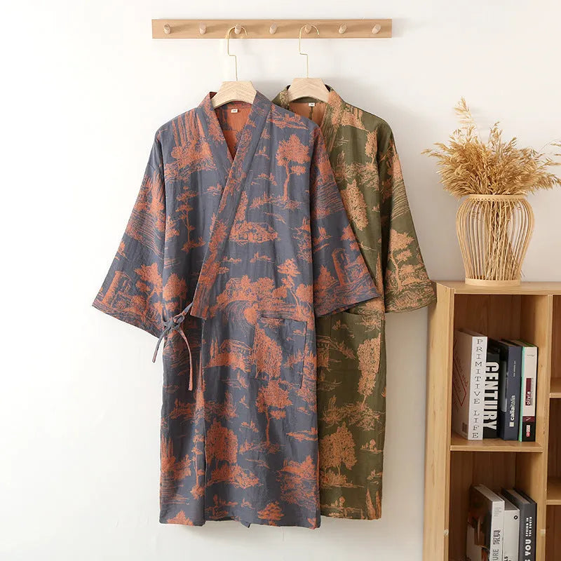 Men's cotton gauze kimono long dress bathrobe in dark blue, lightweight and breathable