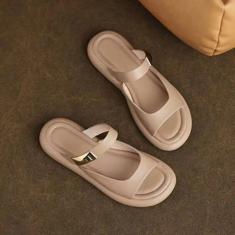 Apricot and white peep toe flat sandals with French leather upper and rubber platform sole