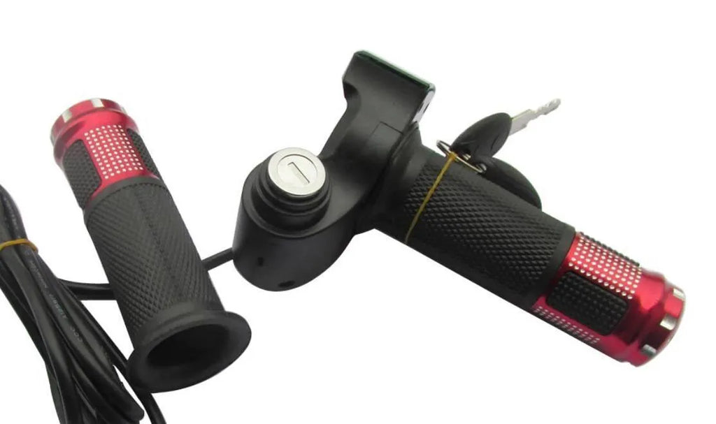 Electric vehicle handlebar grip in blue, red, silver, and yellow colours showing wiring connector