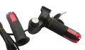 Electric vehicle handlebar grip in blue, red, silver, and yellow colours showing wiring connector