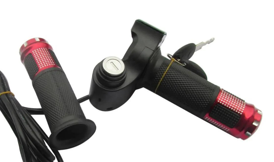 Electric vehicle handlebar grip in blue, red, silver, and yellow colours showing wiring connector