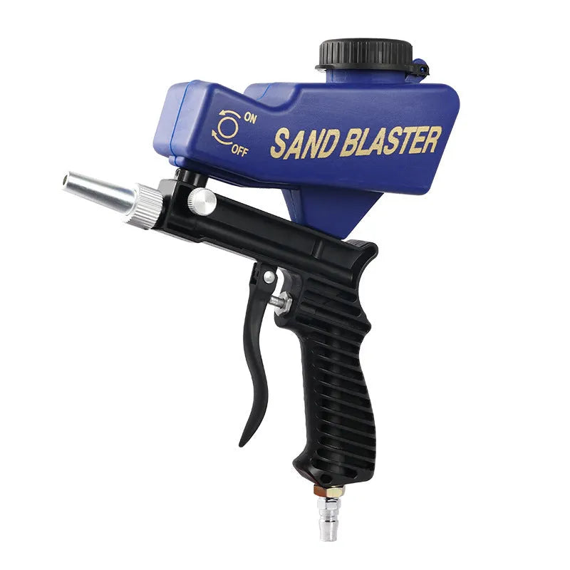Portable blue pneumatic sandblasting gun with top-mounted tank for rust removal and surface preparation.