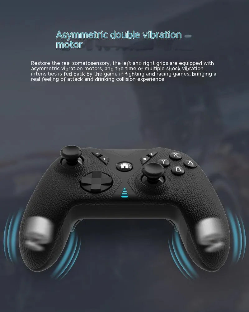 Black wireless game controller with leather pattern grip for Nintendo Switch and mobile devices.