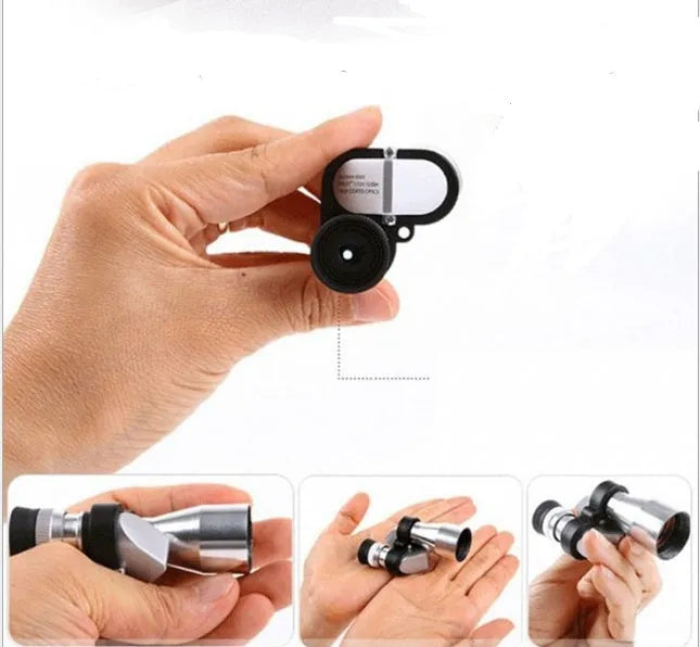 Compact aluminium alloy pocket monocular telescope with 8x20mm magnification on a canvas bag.