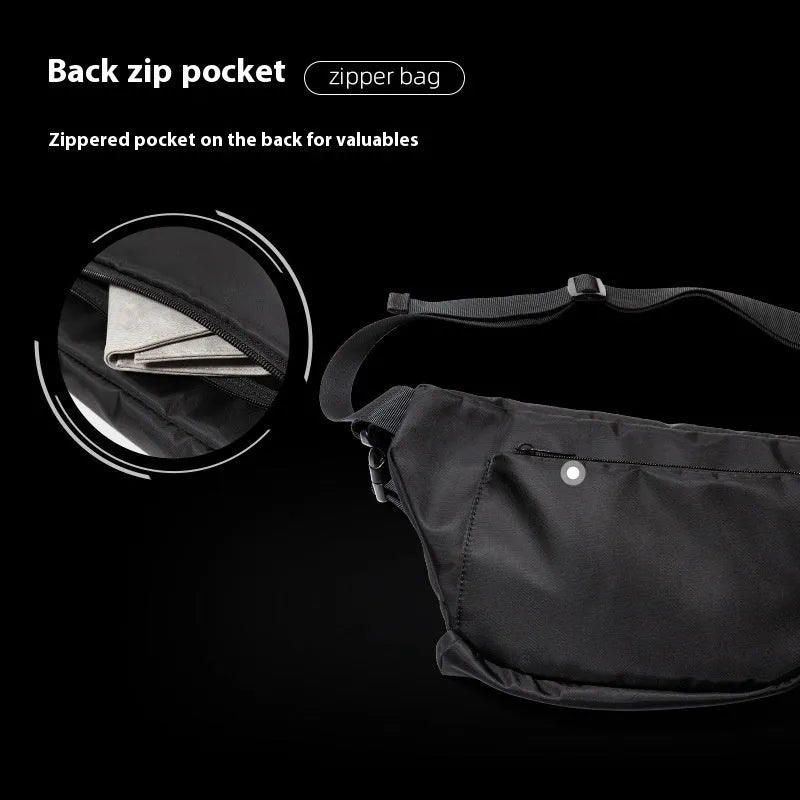 Black slanted chest bag with Oxford fabric construction and visible sewing lines