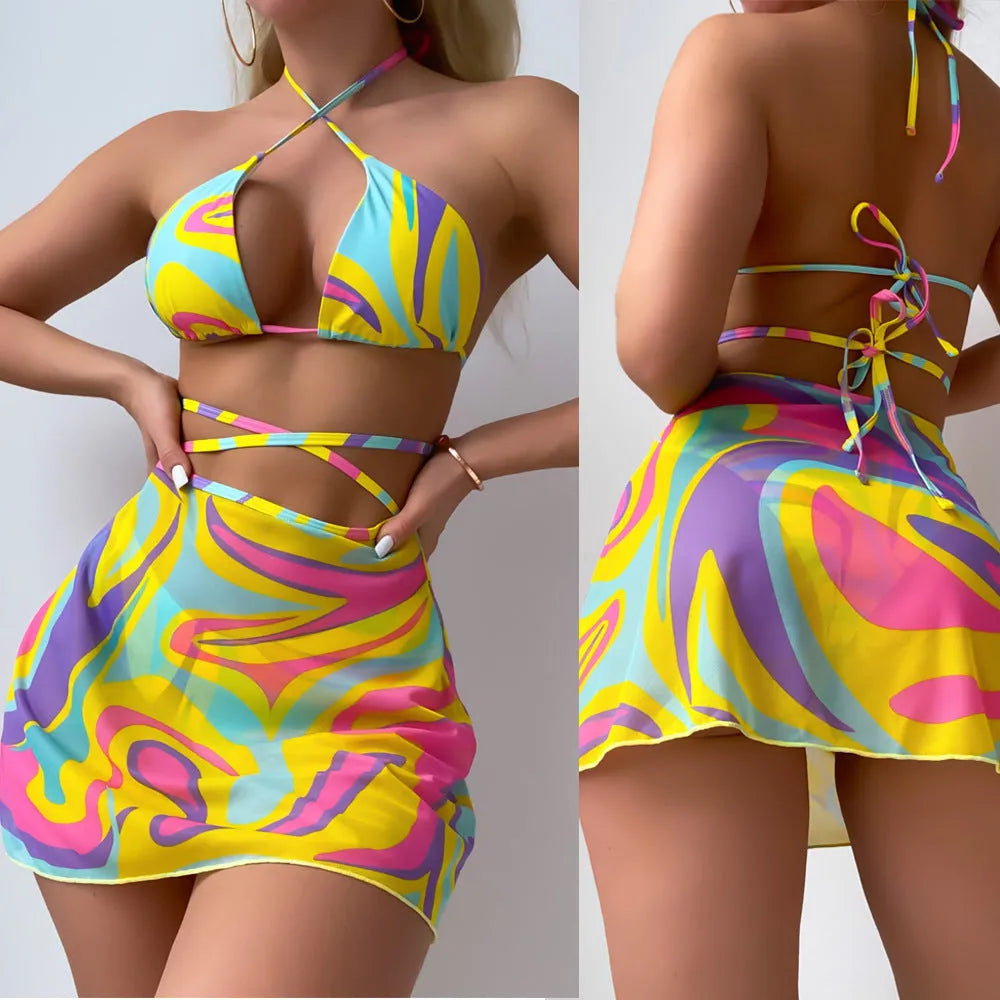 Yellow striped halter-neck lace-up swimsuit for women with matching shorts and skirt