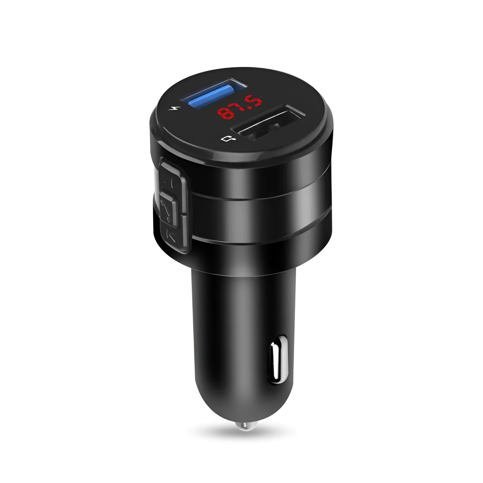Car Bluetooth hands-free FM transmitter black with 1.2-inch monochrome screen and USB TF interfaces for MP3 playback