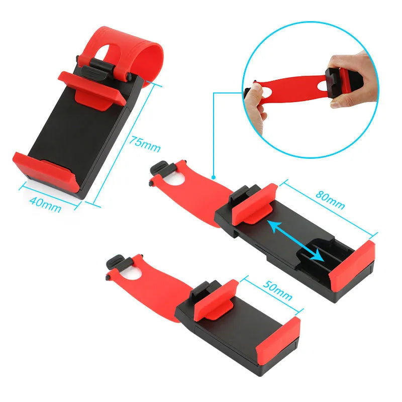 Universal black car steering wheel clip mount holder attached to a steering wheel, holding a mobile phone.