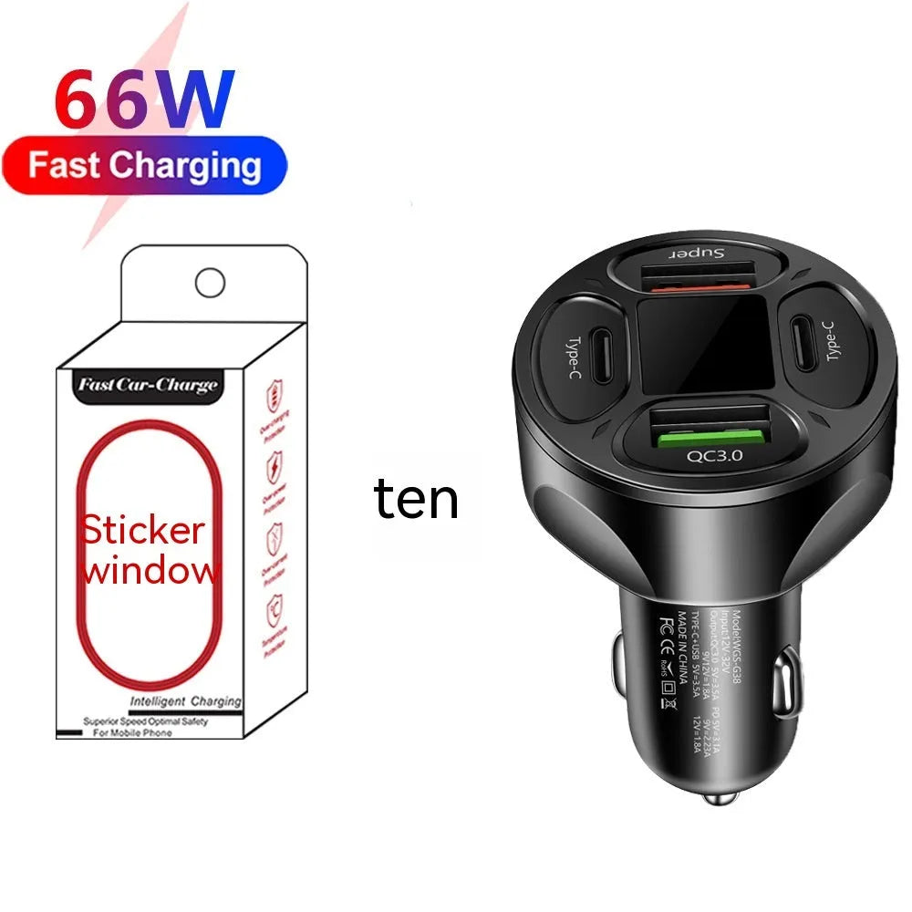 66W car charger with digital display showing dual USB and dual Type-C ports