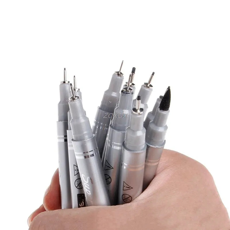 Set of 10 black fine liner drawing pens with tip sizes from 0.05mm to 2.0mm on white background